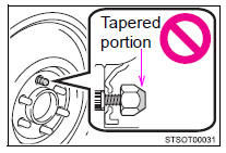 ●Be sure to install the wheel nuts with the tapered end facing inward. Installing