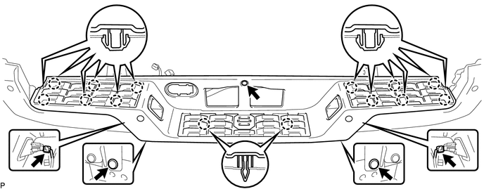 (2) Engage the 14 claws to install the rear bumper pad sub-assembly.