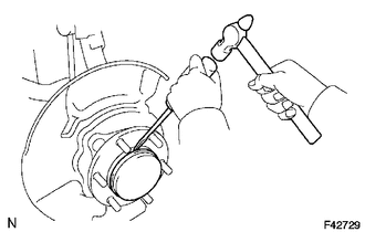 (a) Using a screwdriver and a hammer, remove the front axle hub grease cap.