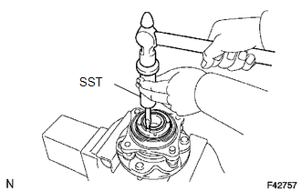 (a) Using SST and a hammer, unstake the front wheel adjusting nut.