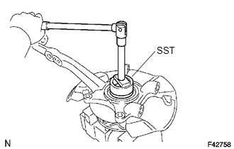 (a) Using SST, install a new front wheel adjusting nut.