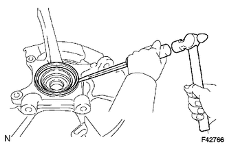 (a) Using a screwdriver and hammer, remove the front axle hub oil seal.
