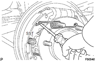 (a) Using SST, remove the shoe return spring from the front brake shoe.