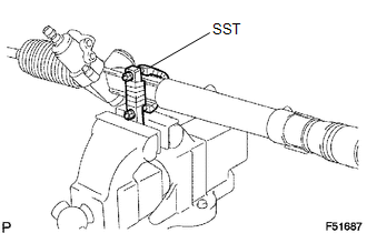 (a) Using SST, fix the power steering link between aluminum plates in a vise,