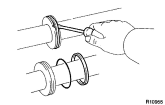 (a) Using a screwdriver, remove the rack steering piston ring and O-ring.