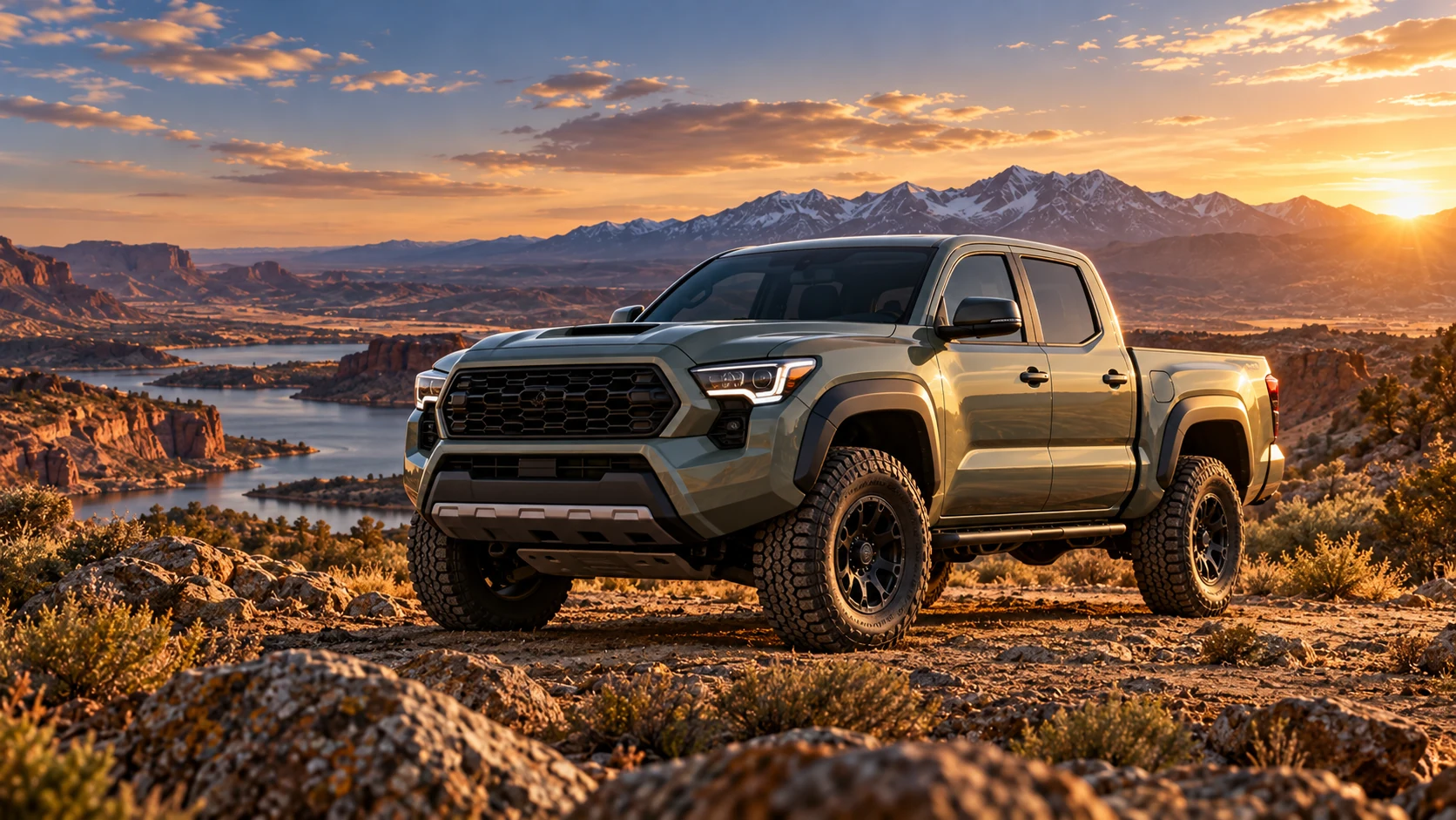 First generation Toyota Tacoma pickup from 1995 to 2004 on a rugged desert road at sunset