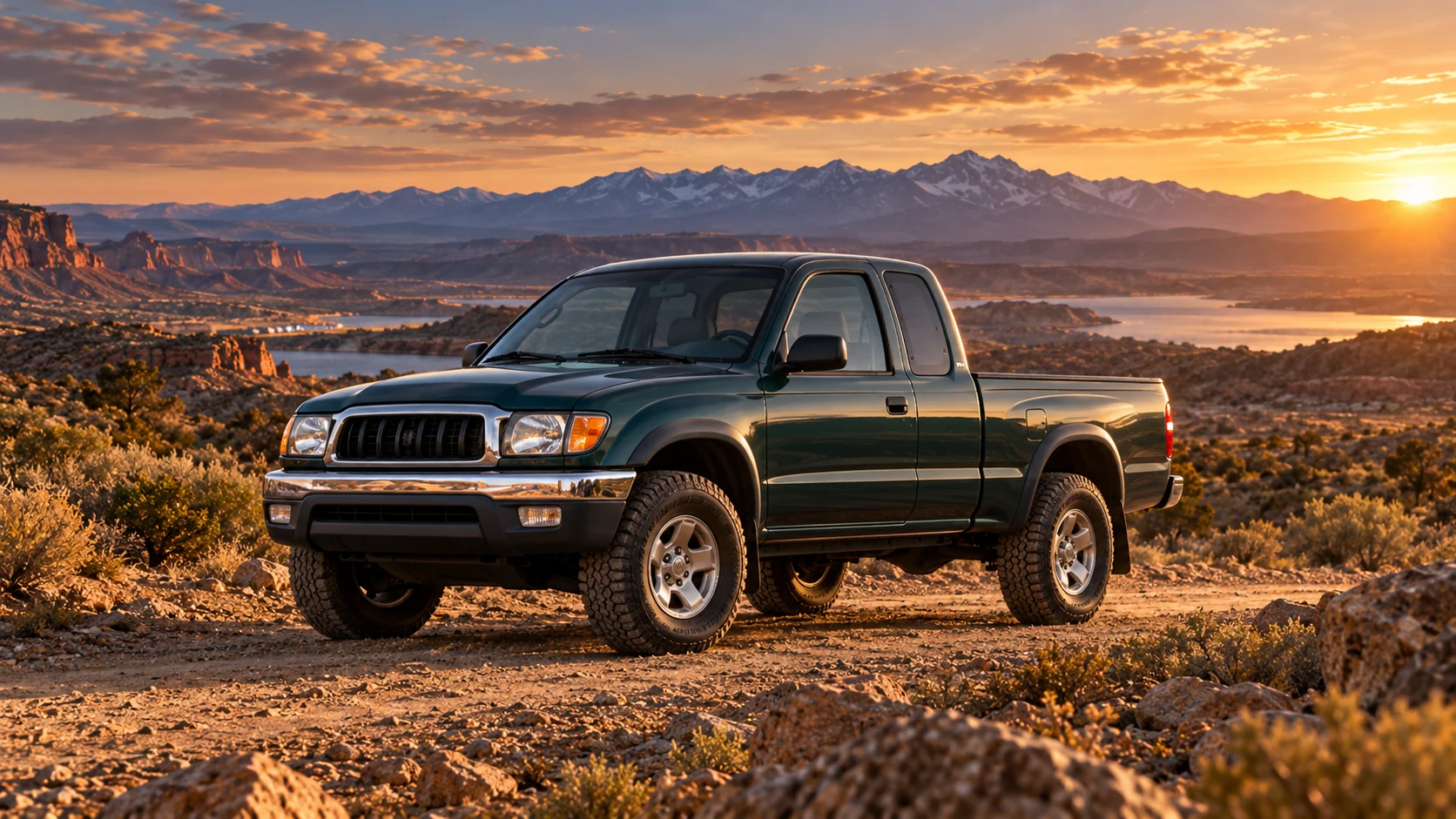 Second generation Toyota Tacoma pickup from 2005 to 2015 on rocky terrain at sunset