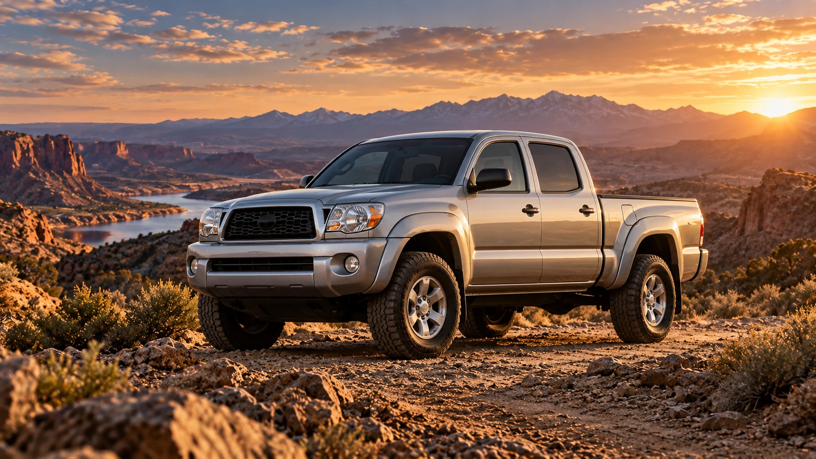 Third generation Toyota Tacoma pickup from 2016 to 2023 in a canyon landscape at sunset