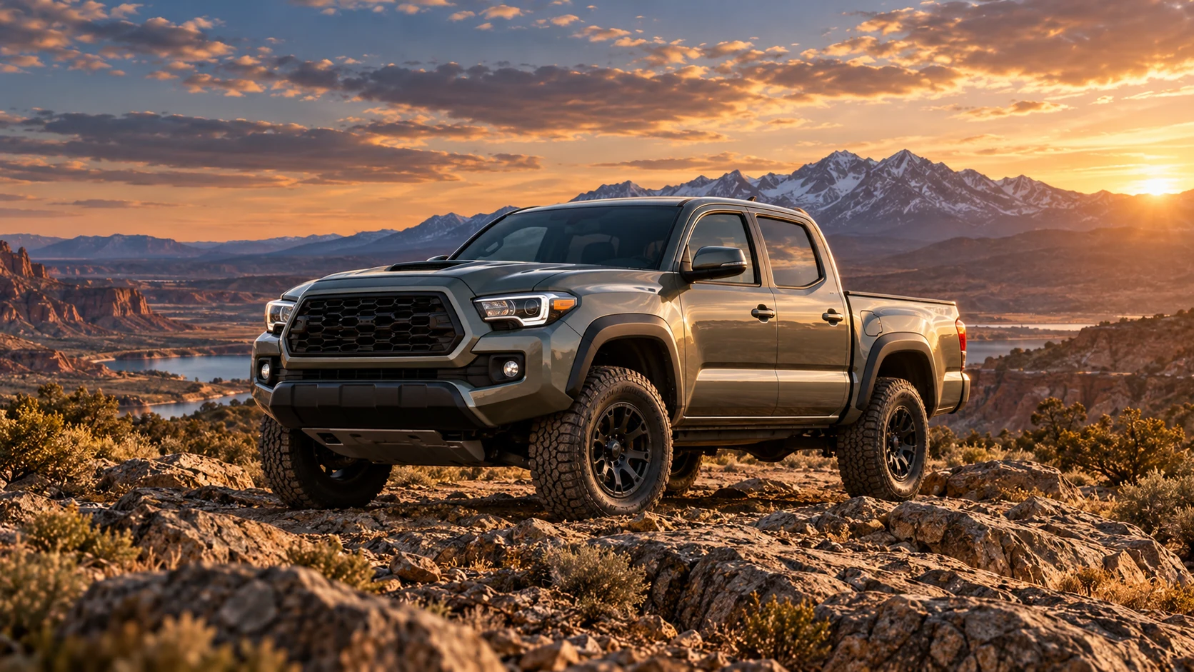 Fourth generation Toyota Tacoma pickup from 2024 to 2026 overlooking a lake and mountains at sunset