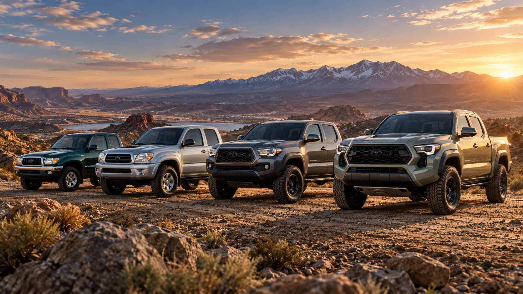 Lineup showing four generations of Toyota Tacoma pickup trucks in a mountain desert landscape at sunset