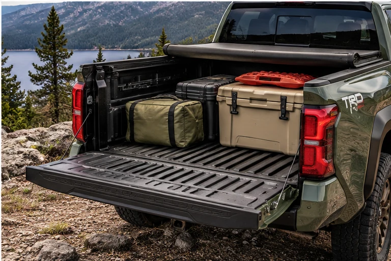 Open pickup truck bed with secured outdoor gear and storage boxes