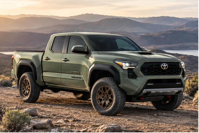 Green Tacoma-style pickup on open rocky terrain