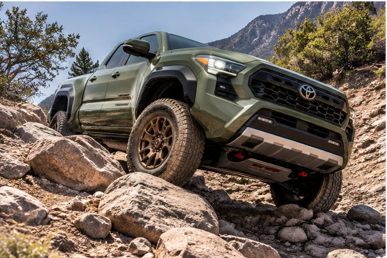 Tacoma-style pickup negotiating large rocks on a mountain trail
